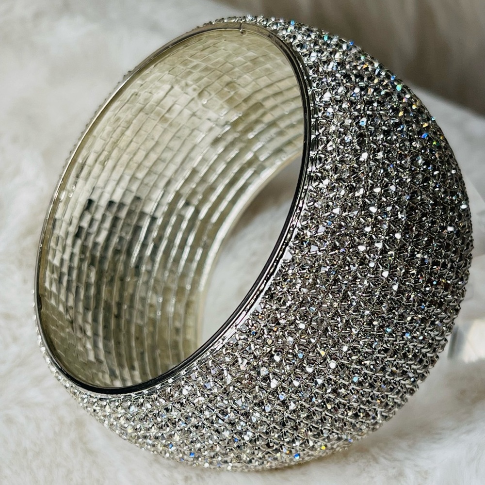 FROST YOURSELF|Domed Crystal Rhinestone Silver Bangle|Sparkly Clear Rhinestones